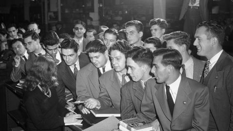 The GI Bill of Rights funded books, notebooks, and tuition and other fees, up to a total of $500 for an ordinary school year, for veterans. Here, ex-soldier students receive supplies for the term.