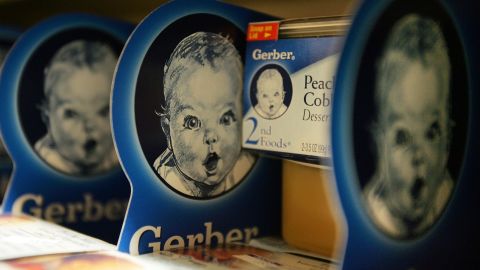 Gerber baby food products are seen on a supermarket shelf on April 12, 2007, in New York City.