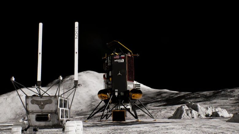 Artist rendering of the Lunar Outpost Mobile Autonomous Prospecting Platform (MAPP) rover with Nokia antennas extended. The images, data and telemetry collected by MAPP will be sent back to the Nova-C lander over the Nokia 4G/LTE network and then relayed to Earth. Mission controllers in Colorado will issue commands to the rover over the same connection.