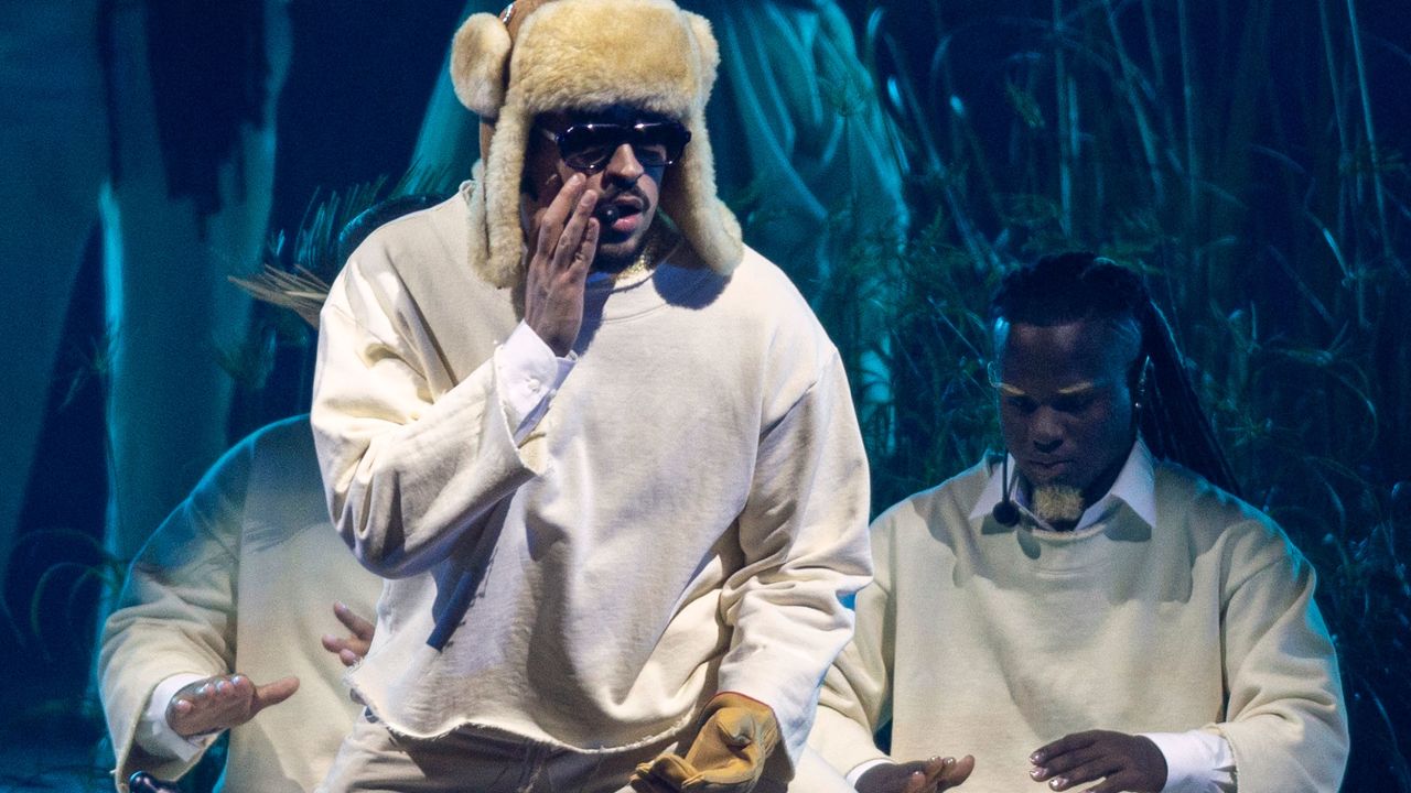 Puerto Rican singer Bad Bunny performs onstage during the first show of his 30-date concert residency at the Coliseo de Puerto Rico in San Juan, Puerto Rico, on July 11, 2025. (Photo by Ricardo ARDUENGO / AFP) (Photo by RICARDO ARDUENGO/AFP via Getty Images)          