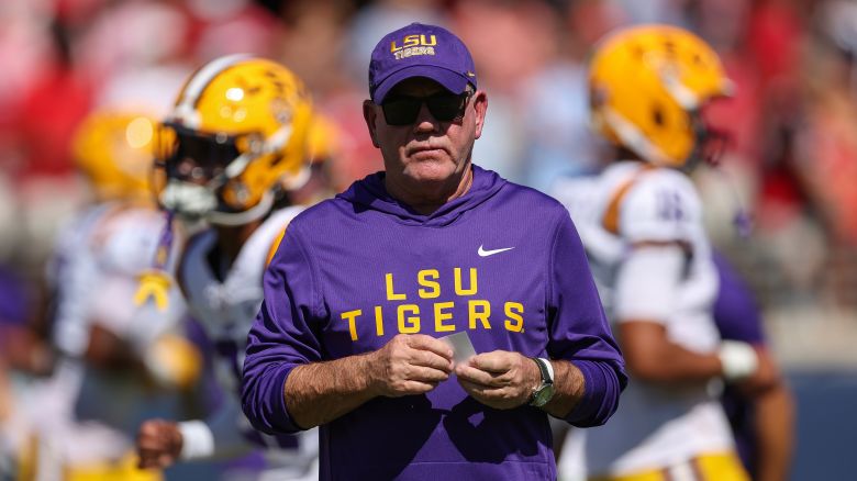 Brian Kelly, Head Coach of the Louisiana State Tigers, is seen during warm-ups before the college football game against the Mississippi Rebels at Vaught-Hemingway Stadium in Oxford, Mississipi, on September 27, 2025.