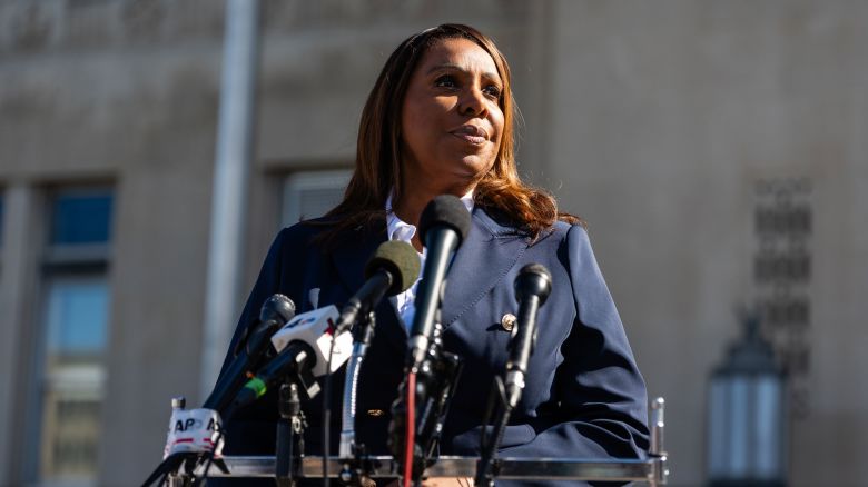 Letitia James, New York's attorney general, speaks outside federal court in Norfolk, Virginia, US, on Friday, Oct. 24, 2025. James pleaded not guilty on Friday to criminal charges that she committed bank fraud and made false statements to a lender when she bought a house in Norfolk, Virginia, five years ago. Photographer: Eric Lee/Bloomberg via Getty Images