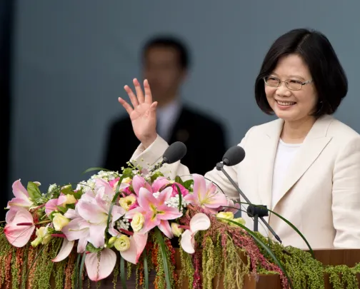 TAIPEI, TAIWAN - MAY 20: Taiwanese President Tsai Ing-wen waves to a crowd in Taipei, Taiwan on May 20, 2016. Taiwan's new president, Tsai Ing-wen, took the oath of office on May 20, 2016, after winning an overwhelming victory in the election on January 16, 2016.