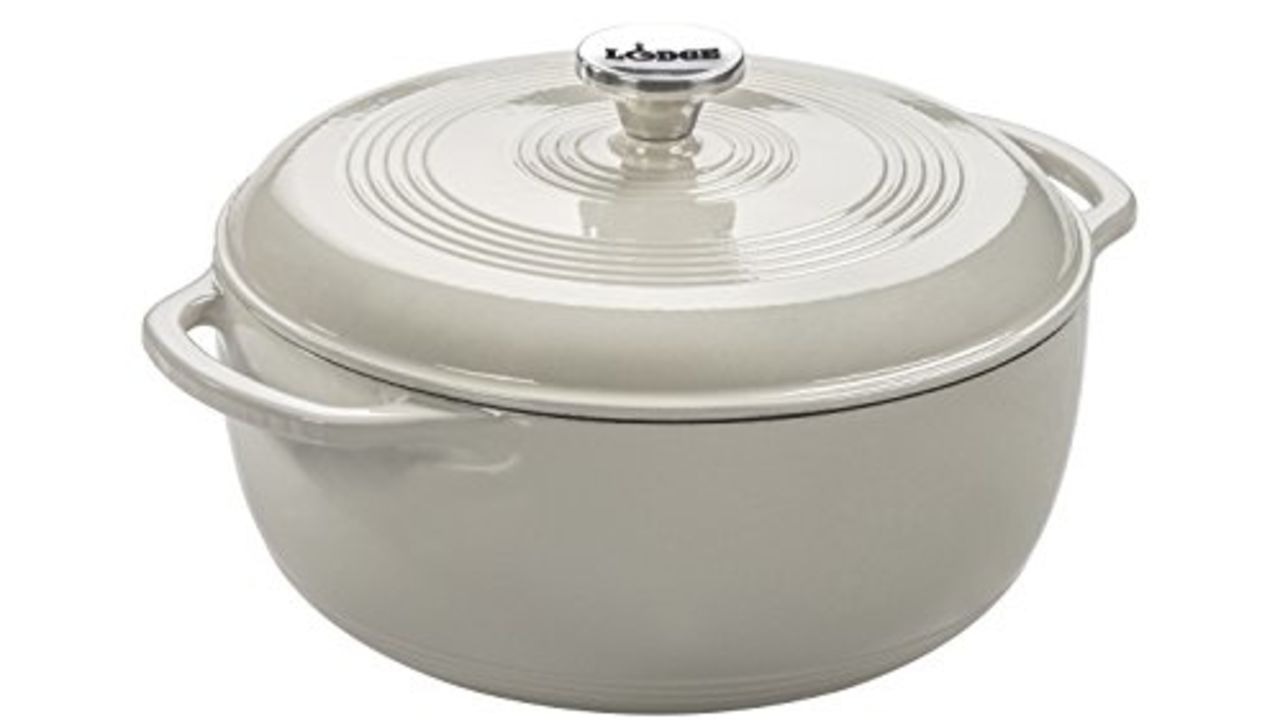 Lodge 6 Quart Enameled Cast Iron Dutch Oven with Lid – Dual Handles – Oven Safe up to 500° F or on Stovetop - Use to Marinate, Cook, Bake, Refrigerate and Serve – Oyster White