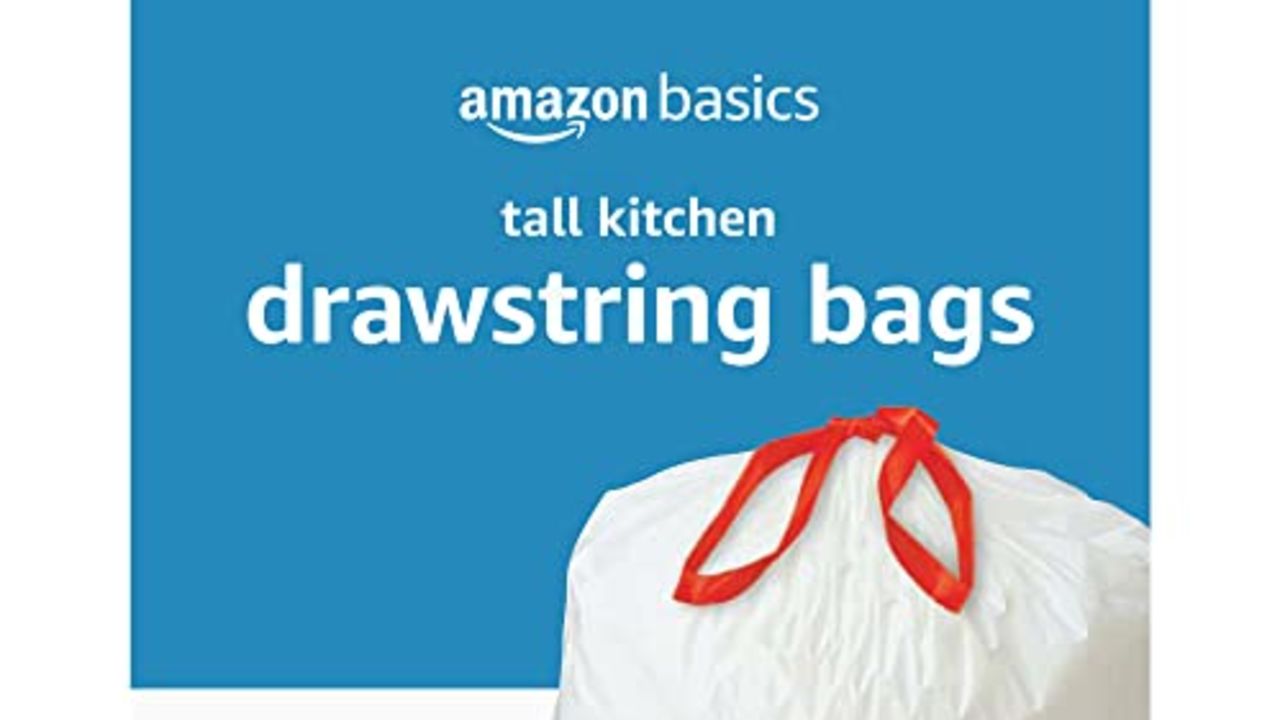Amazon Basics Tall Kitchen Drawstring Trash Bags, 13 Gallon, 120 Count, Pack of 1