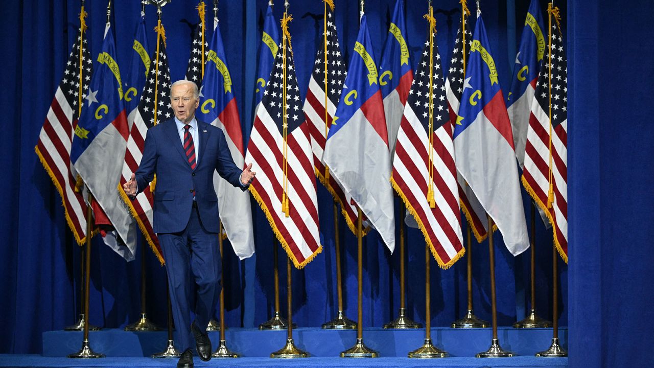 President Joe Biden arrives to speak about his Investing in America agenda at the Wilmington Convention Center in Wilmington, North Carolina, on May 2.