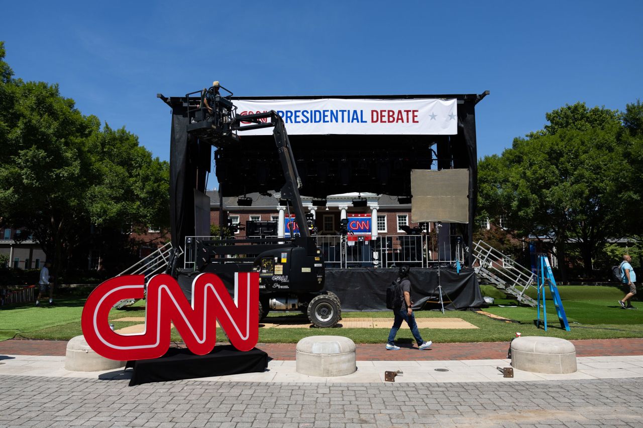 Debate preparations are made at CNN’s campus ahead of the presidential debate between President Joe Biden and former president Donald Trump in Atlanta on June 26.