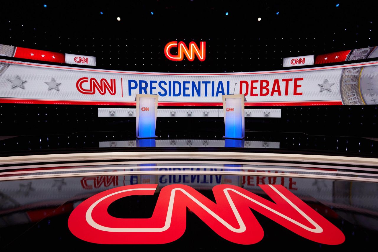 An empty stage is seen ahead of CNN’s presidential debate in Atlanta. 