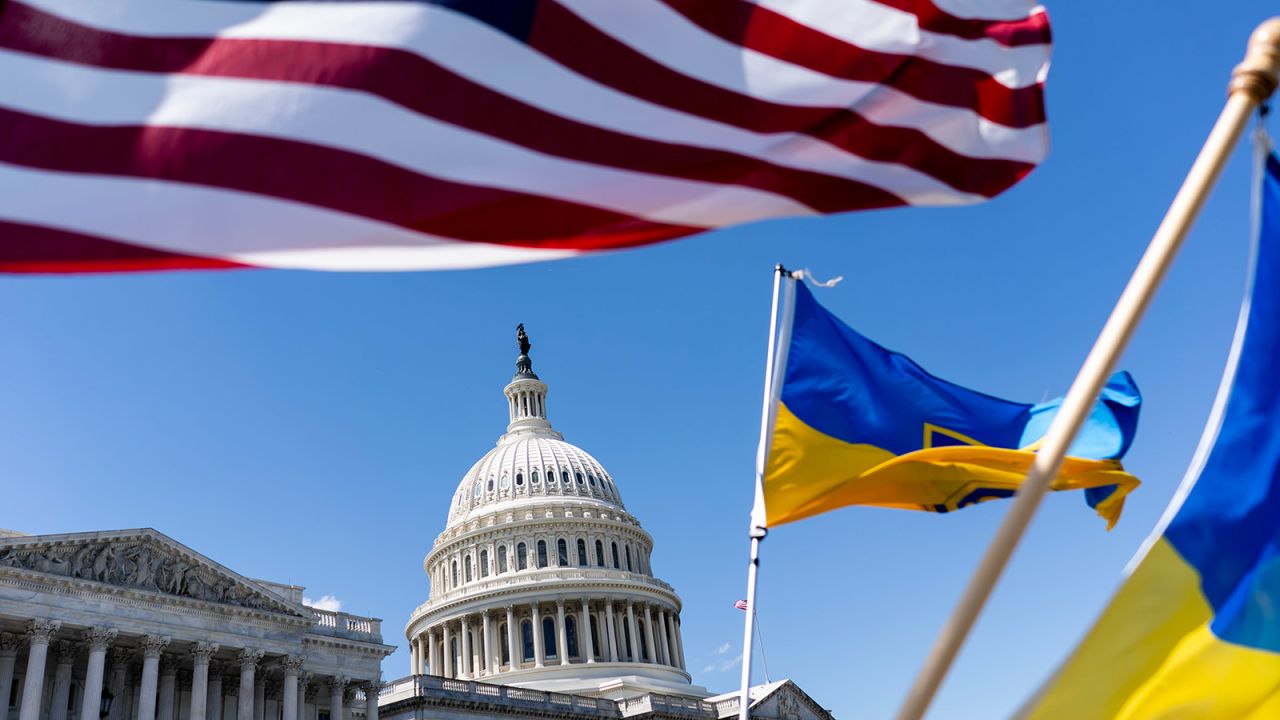 American and Ukrainian flags fly near the U.S. Capitol on April 20.