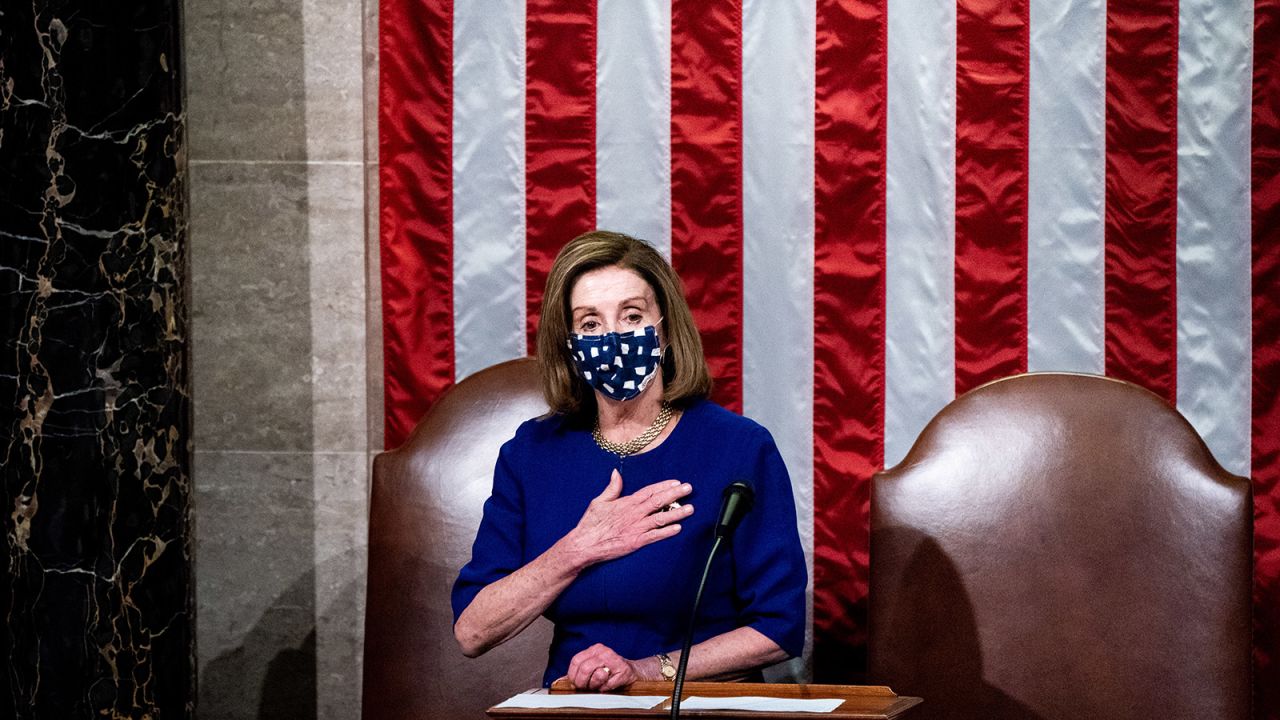 Nancy Pelosi speaks during a reconvening of a joint session of Congress, hours after a pro-Trump mob broke into the U.S. Capitol on January 6, 2021.