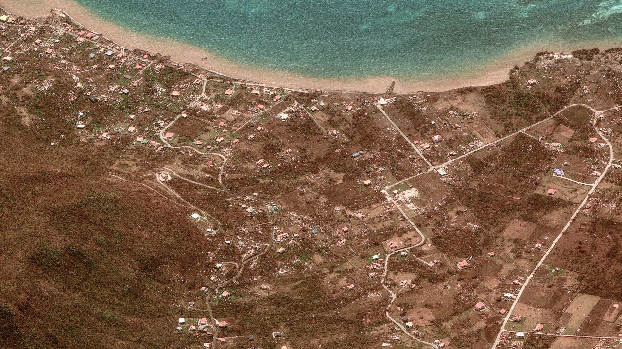 A satellite image shows destroyed buildings after Hurricane Beryl passed northeastern?Carriacou, Grenada, on July 2.