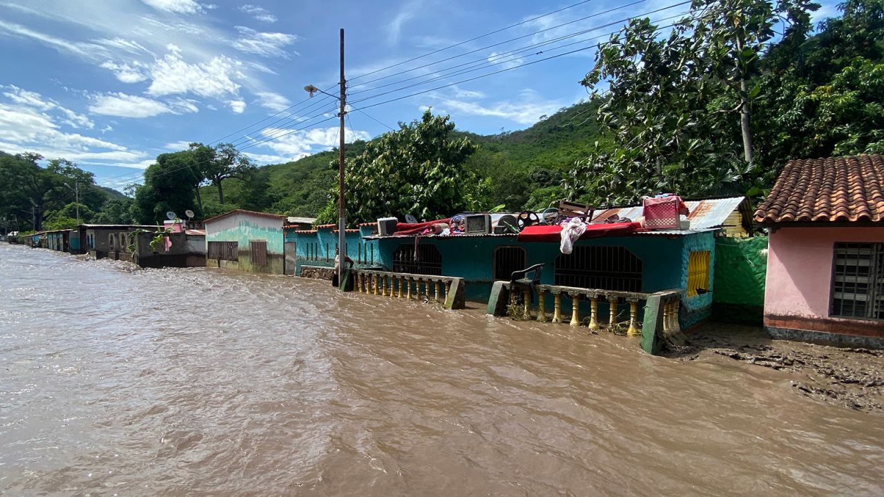 Flooded homes after a river swelled due to heavy rains following the passage of Hurricane Beryl on the road from Cumana to Cumanacoa, Sucre State, Venezuela, on July 2.