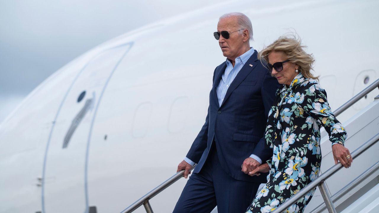 President Joe Biden and first lady Jill Biden arrive at McGuire Air Force Base in Burlington County, New Jersey, on June 29. 