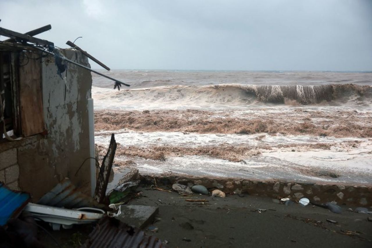Waves crash ashore as Hurricane Beryl passes through the area on July 03, in Kingston, Jamaica. 