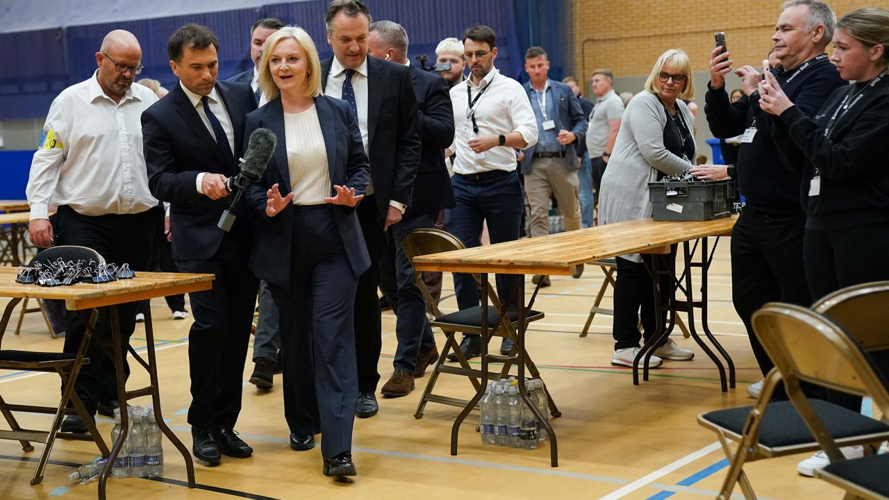 Former prime minister Liz Truss departs after losing her Norfolk South West seat to the Labour Party, at Alive Lynnsport in King's Lynn, Norfolk, on July 5.