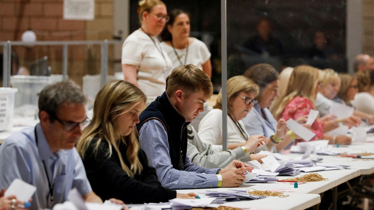 Staff sort ballots at the Richmond and Northallerton count centre in Northallerton, England, on July 4, as polls close in Britain's general election. 