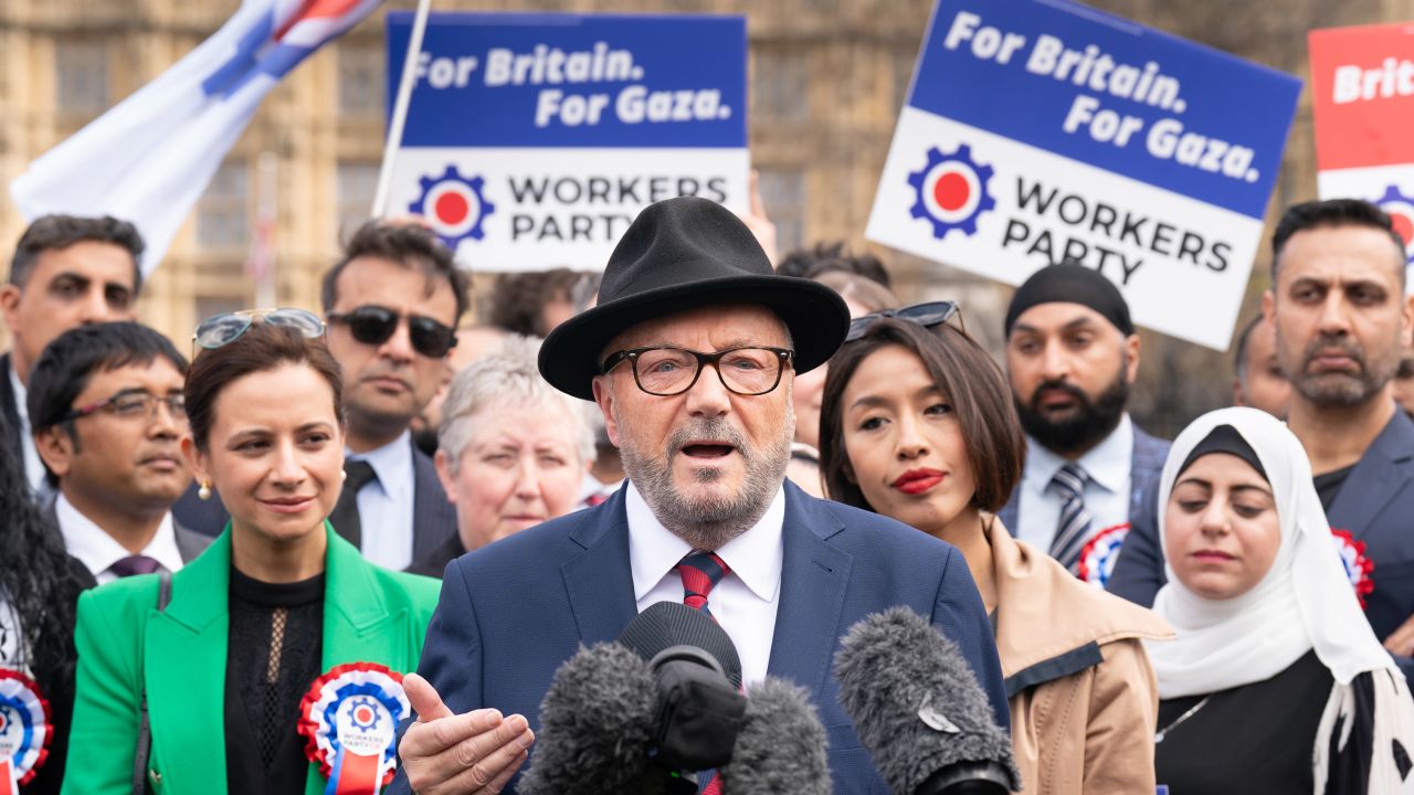 George Galloway speaks during a press conference on Parliament Square in London, on April 30.