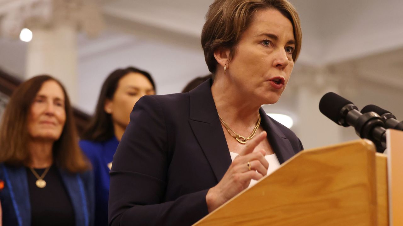 Massachusetts Gov. Maura Healey speaks to reporters on June 24, 2024, the two-year anniversary of the Dobbs decision which overturned Roe v. Wade.