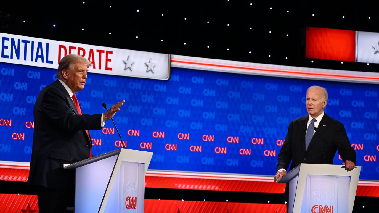 Former President Donald Trump and President Joe Biden participate in a debate in Atlanta on June 27.