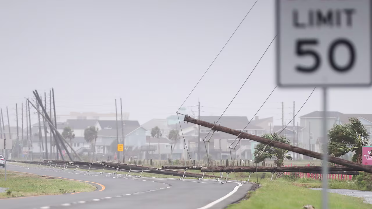 Fallen power lines seen pm Galveston Island as a result of Hurricane Beryl on Monday, July 8.