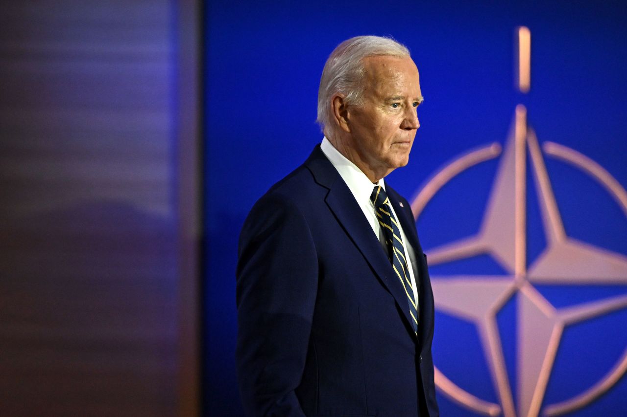 President Joe Biden arrives at the NATO 75th anniversary celebratory event during the NATO summit in Washington, DC, on July 9.