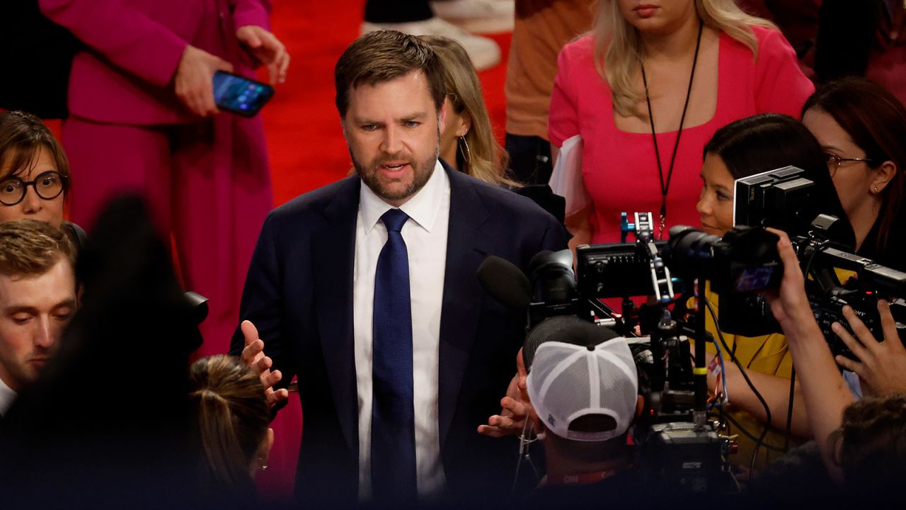 Sen. JD Vance speaks to reporters in the spin room following the CNN Presidential Debate between President Joe Biden and former President Donald Trump on June 27. 