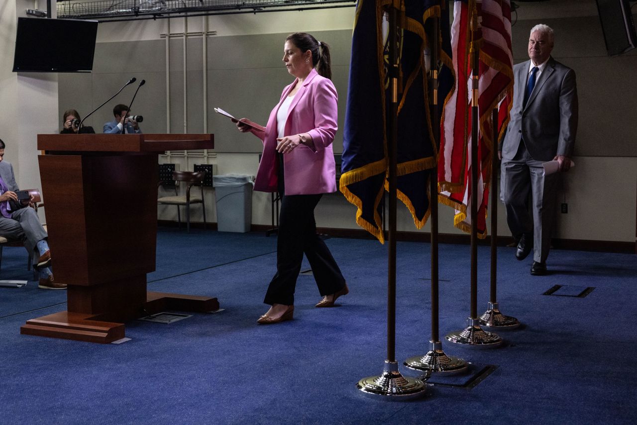 House Republican Conference Chair Elise Stefanik arrives with other members of House Republican leadership speak to the press at the US Capitol on July 9 in Washington, DC.