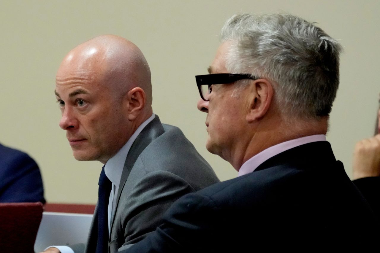 Attorney Luke Nikas, left, and actor Alec Baldwin attend the hearing on July 10, in Santa Fe, New Mexico. 