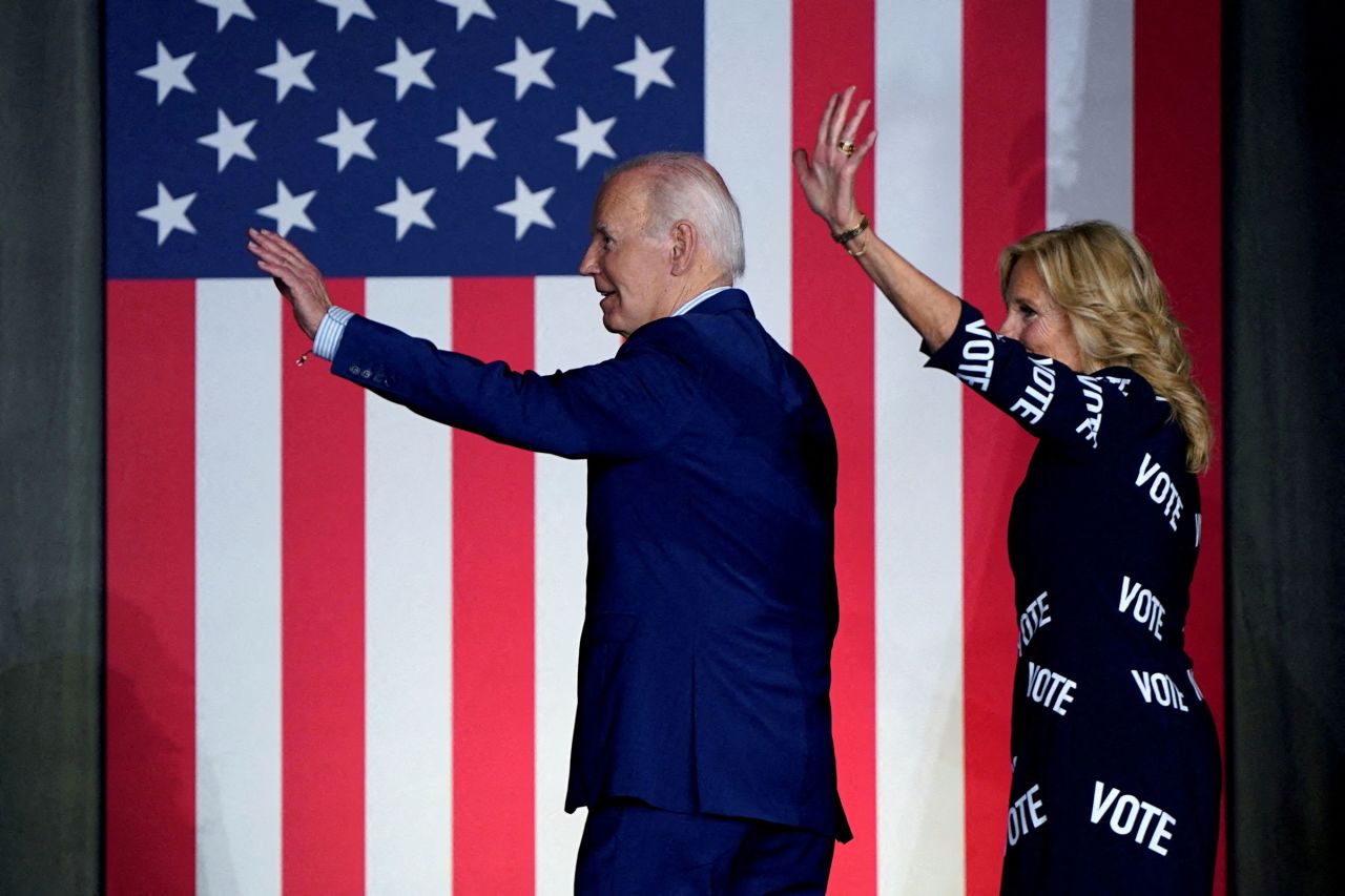 President Joe Biden and first lady Jill Biden wave as they exit the stage during a campaign rally in Raleigh, North Carolina, on June 28.