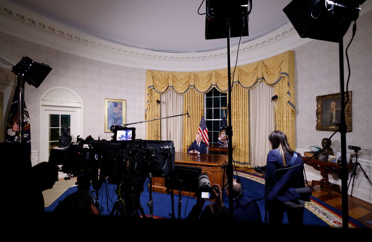 US President Joe Biden addresses the nation from the Oval Office of the White House on October 19, 2023. 