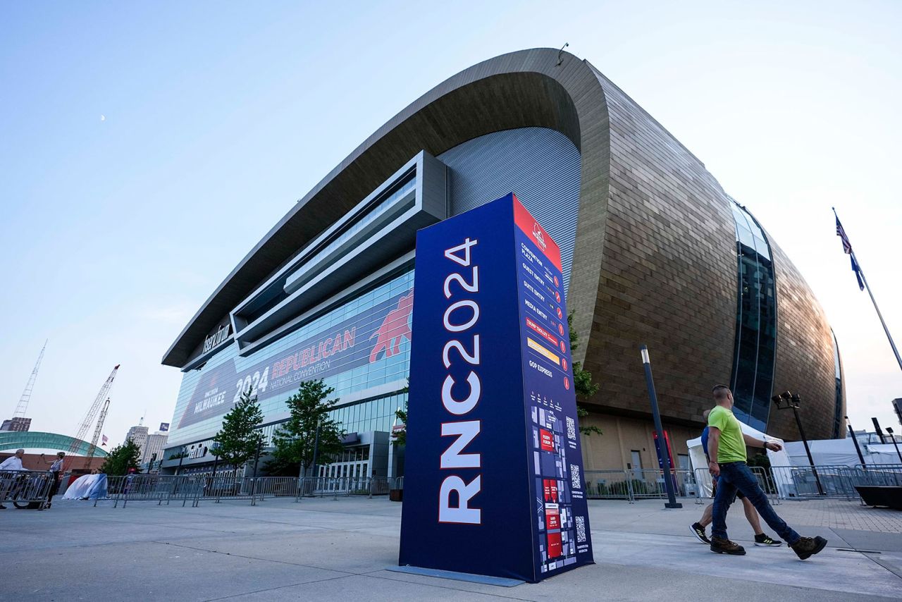 People walk outside the Fiserv Forum ahead of the 2024 Republican National Convention, Saturday, July 13, in Milwaukee. 