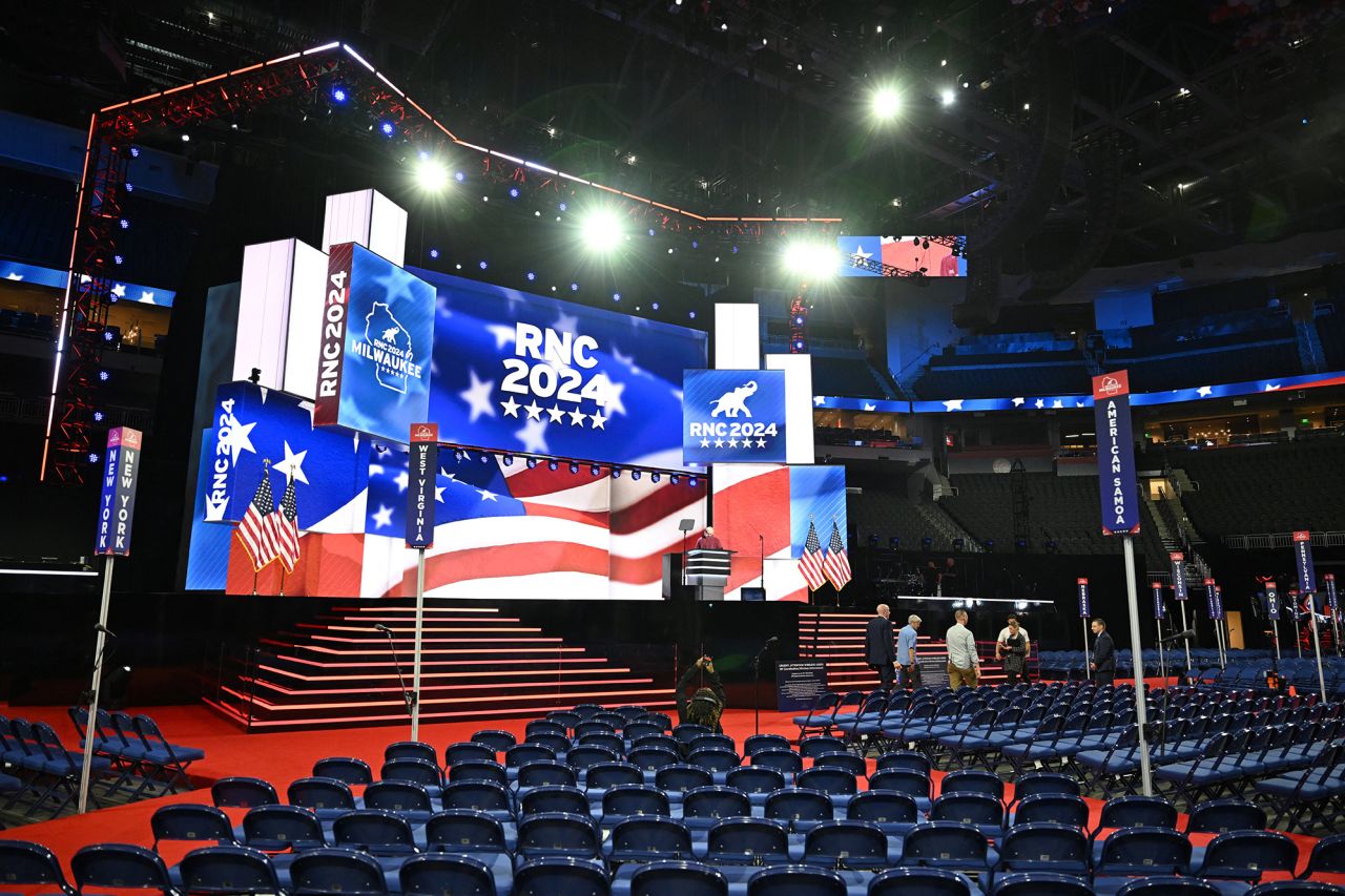 A view of the convention floor and stage ahead of the Republican National Convention in Milwaukee, Wisconsin, on July 14. 