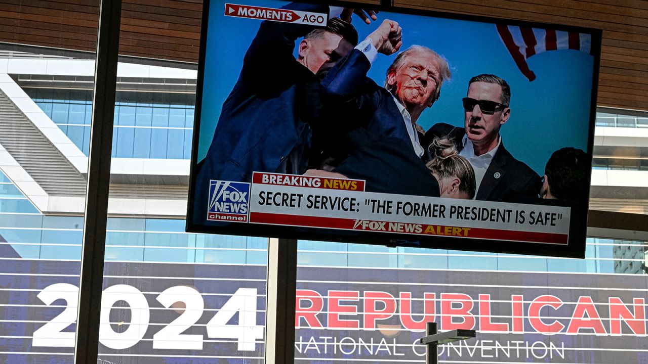 A monitor displays news from former US President Donald Trump's rally, ahead of the Republican National Convention in Milwaukee, Wisconsin, on Saturday, July 13.