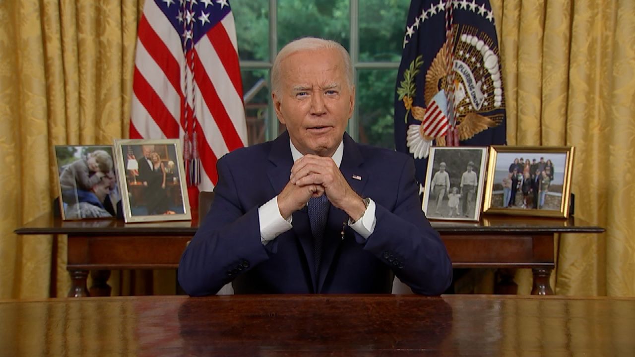 President Joe Biden gives an address from the Oval Office at the White House on Sunday evening.