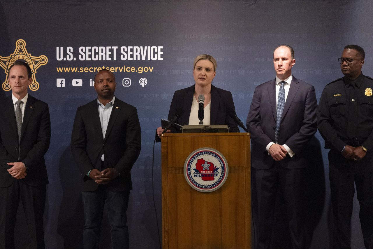 Audrey Gibson-Cicchino, the Secret Service's convention coordinator, center, speaks during a news conference in Milwaukee on Sunday, July 14.