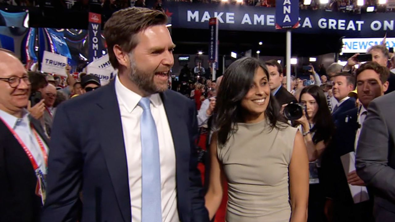 Sen. JD Vance, with his wife, Usha, on the convention floor on Monday, July 15.