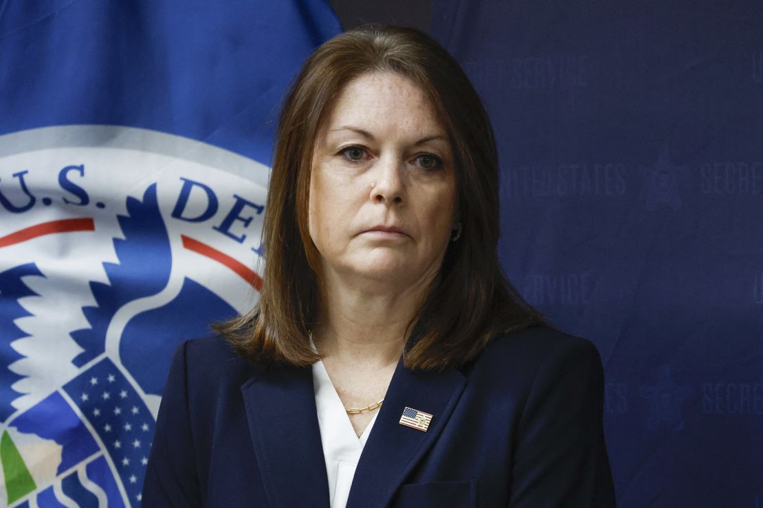 US Secret Service Director Kimberly Cheatle looks on during a press conference at the Secret Service's Chicago Field Office on June 4. 