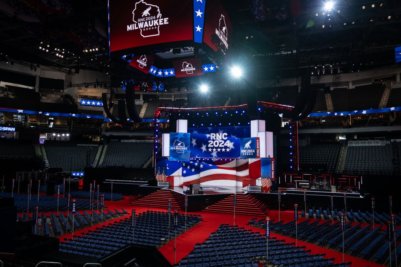 The stage inside Fiserv Forum, the host arena of the Republican National Convention, in Milwaukee, Wisconsin, on Saturday.