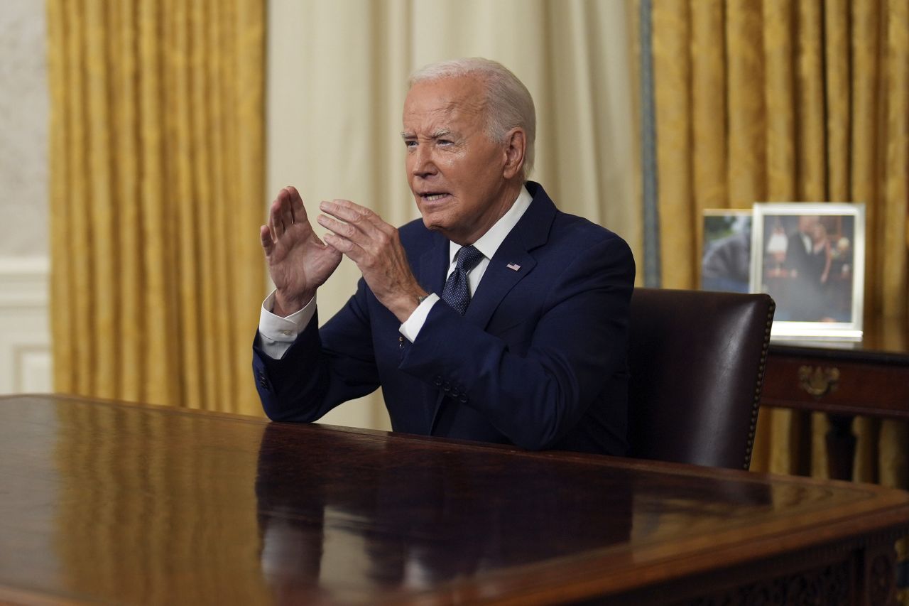 President Joe Biden addresses the nation from the Oval Office of the White House on Sunday.