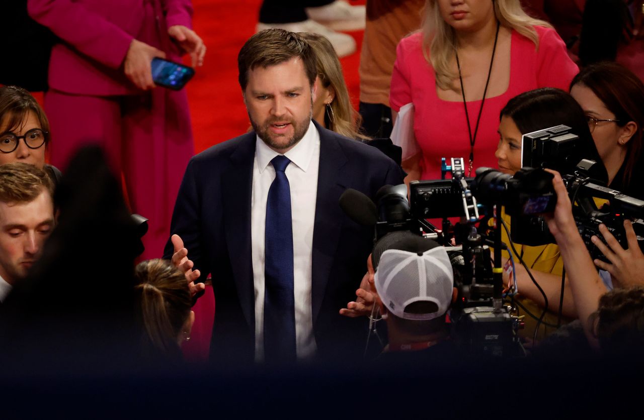 Sen. JD Vance speaks to reporters in Atlanta in June.