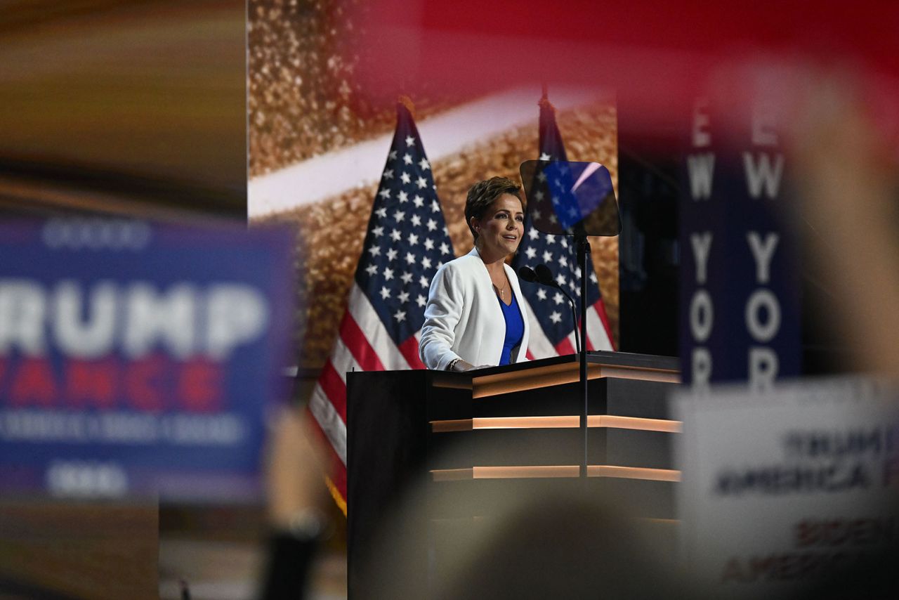Kari Lake speaks at the 2024 Republican National Convention in Milwaukee, on July 16.