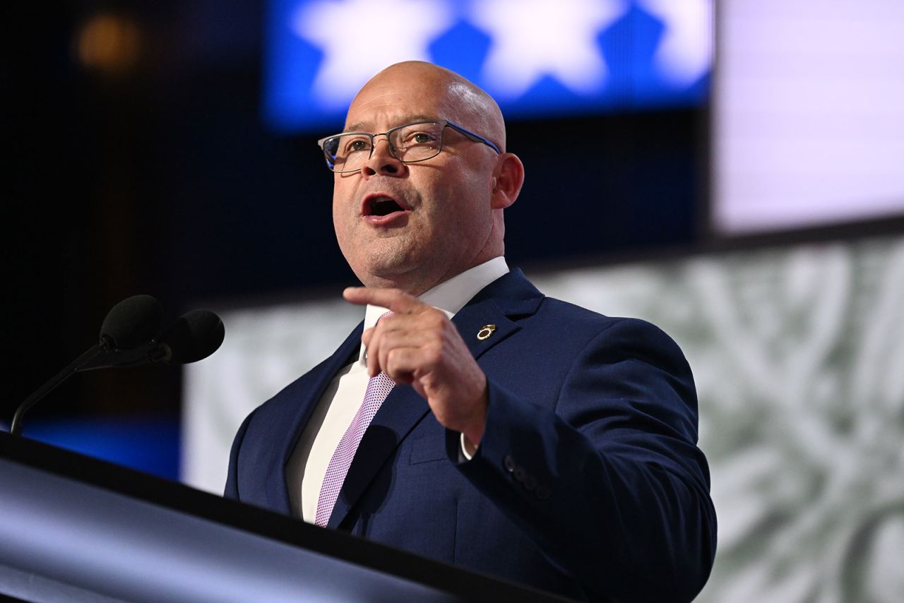 Sean O’Brien, president of the International Brotherhood of Teamsters, speaks on stage during the opening night of the convention on Monday, July 15.