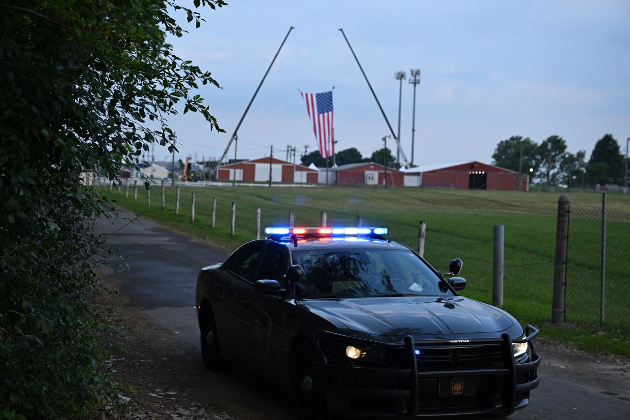 A police vehicle is seen at Butler Farm Show Inc. on Monday, July 15, in Butler, Pennsylvania.