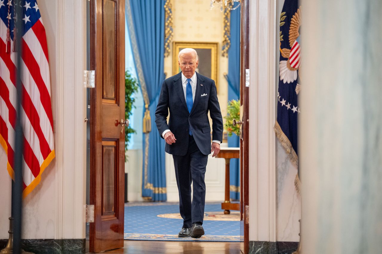 President Joe Biden arrives for a news conference at the White House on July 1.