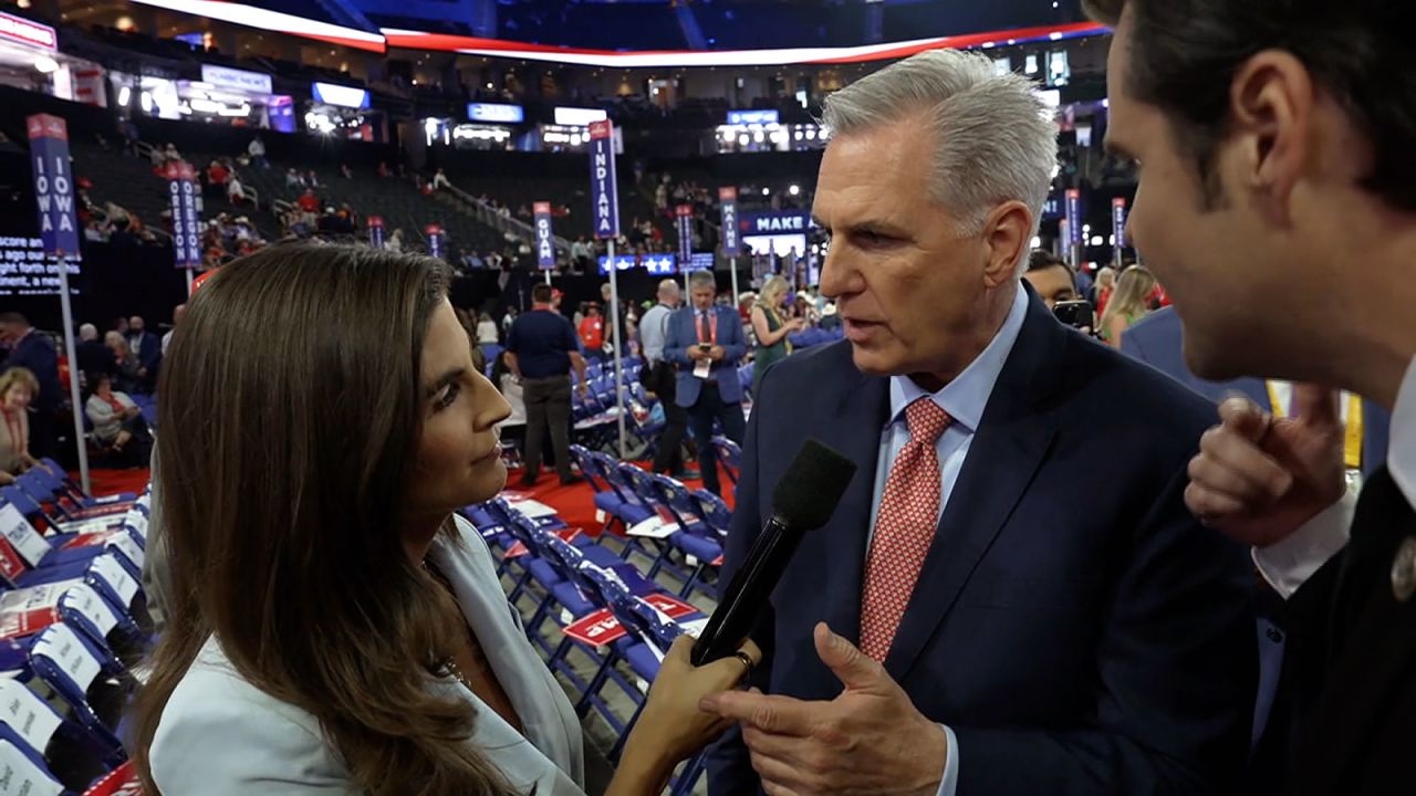 Rep. Matt Gaetz interrupts an interview between former House Speaker Kevin McCarthy and  CNN's Kaitlan Collins on the convention floor on Tuesday, July 16.