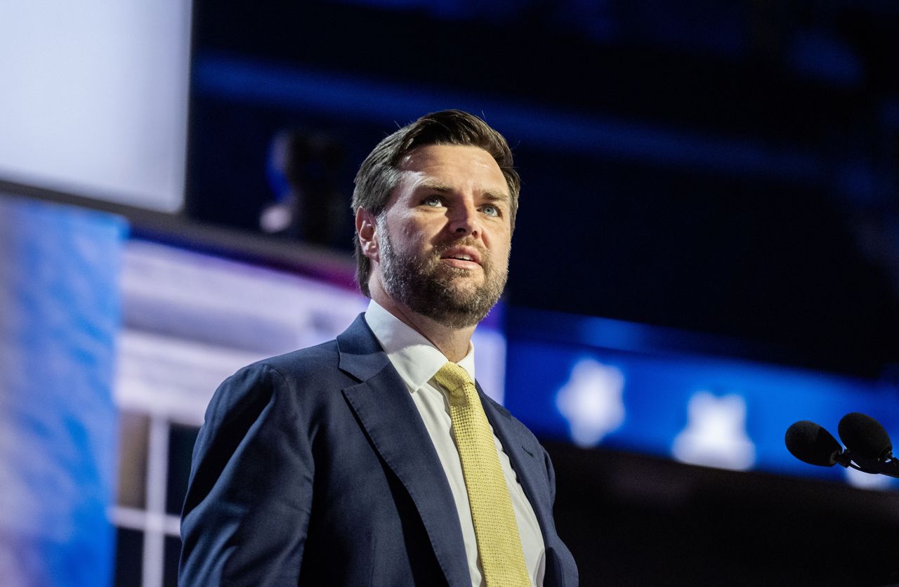 JD Vance, the Republican vice presidential nominee, on stage at the RNC Convention doing a microphone and teleprompter check on the floor at the Fiserv Forum in Milwaukee, Wisconsin on July 16.