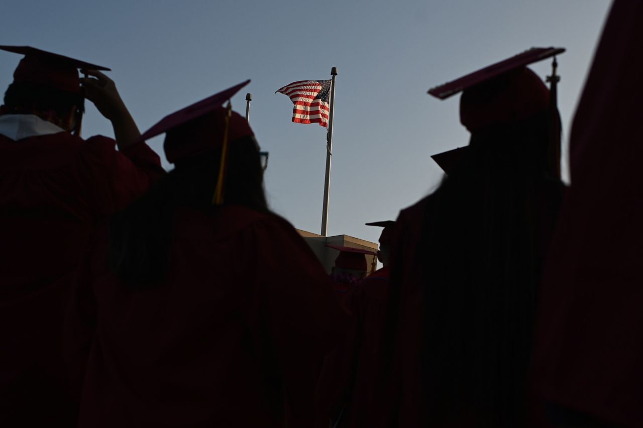 Students participate in a graduation ceremony at Pasadena City College in June 2019, in Pasadena, California.