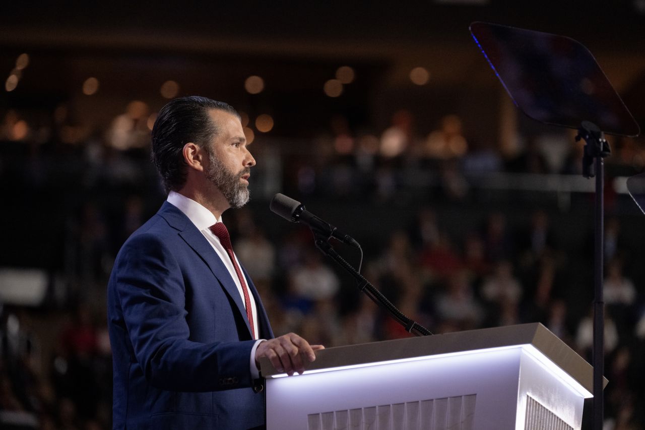 Donald Trump Jr speaks at the Republican National Convention in Milwaukee on Wednesday.