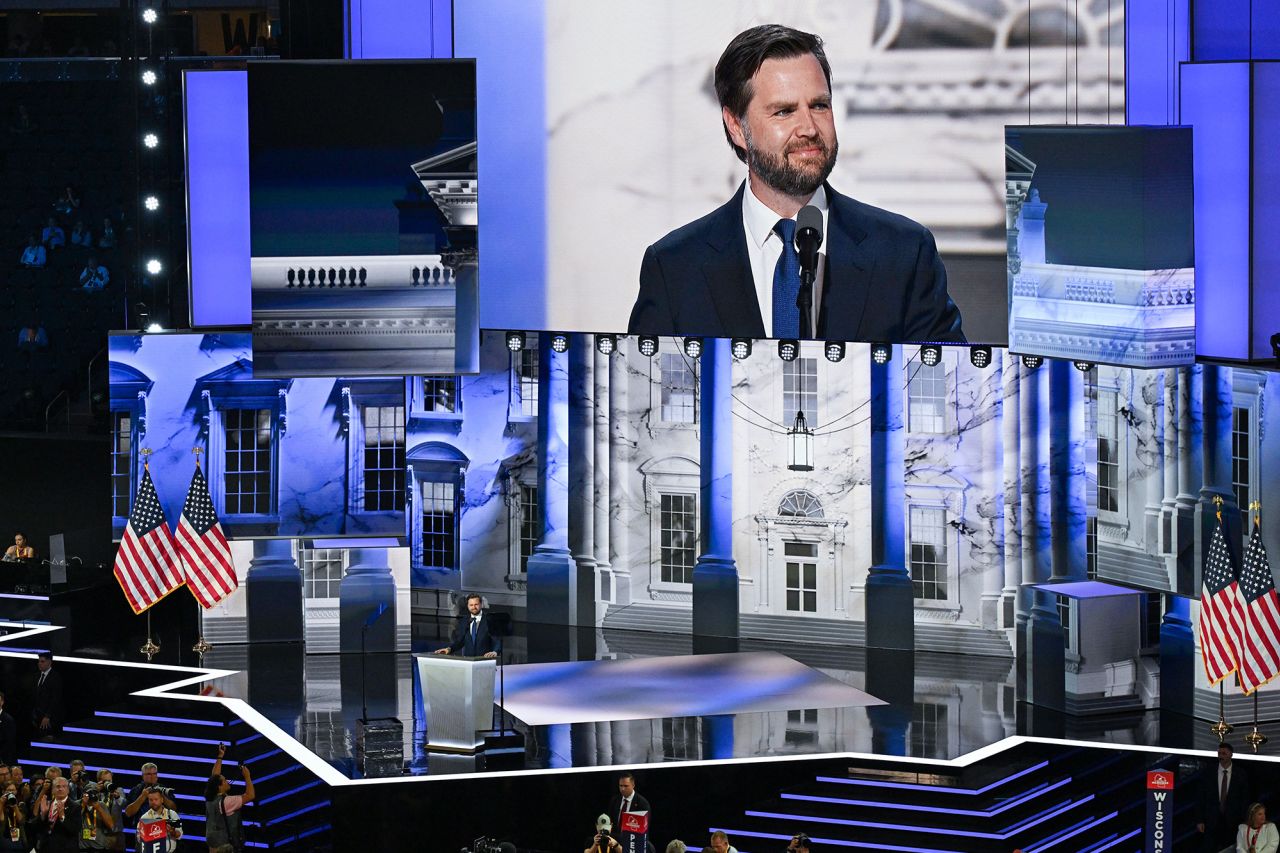 Former President Donald Trump's vice presidential nominee, J.D. Vance, spoke at the 2024 Republican National Convention at Fiserv Forum in Milwaukee on July 17.