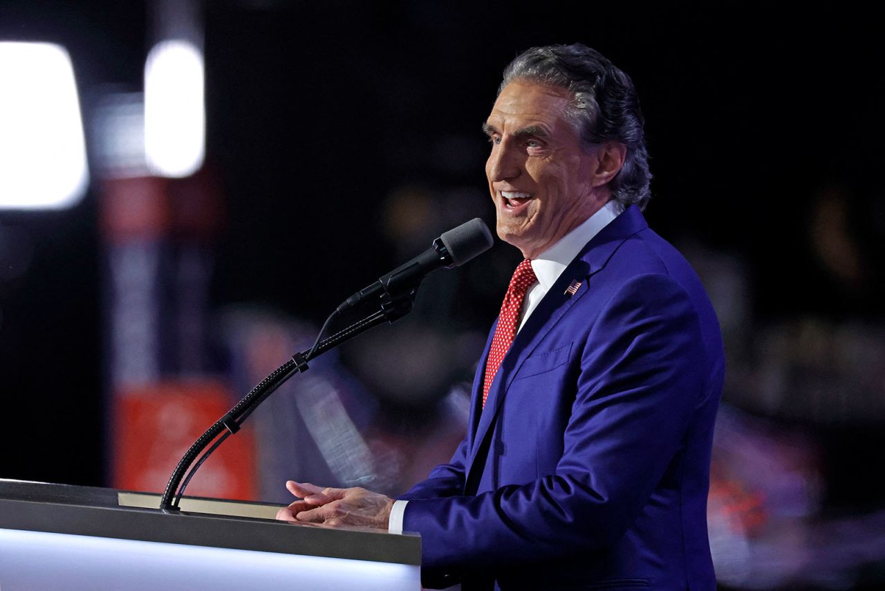 Governor of North Dakota Doug Burgum speaks on stage during the Republican National Convention on Wednesday, July 17, in Milwaukee. 